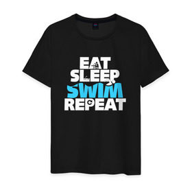 Мужская футболка хлопок с принтом eat sleep swim repeat в Новосибирске, 100% хлопок | прямой крой, круглый вырез горловины, длина до линии бедер, слегка спущенное плечо. | Тематика изображения на принте: swim | плавание | пловец