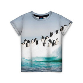 Детская футболка 3D с принтом Пингвины на айсберге в Новосибирске, 100% гипоаллергенный полиэфир | прямой крой, круглый вырез горловины, длина до линии бедер, чуть спущенное плечо, ткань немного тянется | айсберг | антарктида | антарктика | арктика | буревестник | глупый | императорский | клюв | королевский | крылья | ласты | лёд | линукс | океан | пилигрим | полюс | птица | север | снег | умка | фрак