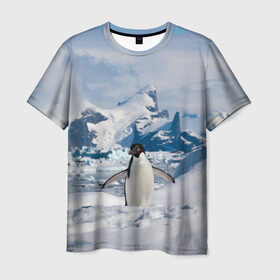 Мужская футболка 3D с принтом Пингвин в горах в Новосибирске, 100% полиэфир | прямой крой, круглый вырез горловины, длина до линии бедер | айсберг | антарктида | антарктика | арктика | буревестник | глупый | императорский | клюв | королевский | крылья | ласты | лёд | линукс | океан | пилигрим | полюс | птица | север | снег | умка | фрак