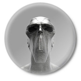 Значок с принтом Гуманоид в Новосибирске,  металл | круглая форма, металлическая застежка в виде булавки | Тематика изображения на принте: head | humanoid | sculpture | голова | идол | инопланетянин | истукан | космос | скульптура | статуя
