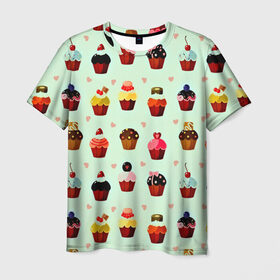 Мужская футболка 3D с принтом Кексики в Новосибирске, 100% полиэфир | прямой крой, круглый вырез горловины, длина до линии бедер | десерт | другие | еда | кекс | красивые | много | пирожное | прикольные | разные | сладкое | сладости | текстуры | узор | цветные | яркие