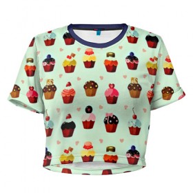 Женская футболка 3D укороченная с принтом Кексики в Новосибирске, 100% полиэстер | круглая горловина, длина футболки до линии талии, рукава с отворотами | десерт | другие | еда | кекс | красивые | много | пирожное | прикольные | разные | сладкое | сладости | текстуры | узор | цветные | яркие