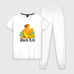 Женская пижама хлопок с принтом Duck Life в Новосибирске, 100% хлопок | брюки и футболка прямого кроя, без карманов, на брюках мягкая резинка на поясе и по низу штанин | Тематика изображения на принте: duck | ducklife | life | thuglife | утка | уточка