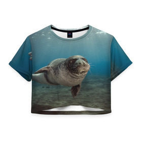 Женская футболка 3D укороченная с принтом Тюлень под водой в Новосибирске, 100% полиэстер | круглая горловина, длина футболки до линии талии, рукава с отворотами | Тематика изображения на принте: вода | дайвинг | жирный | косяк | красивые | милые | море | морская | морской котик | океан | плывет | подводный мир | прикольные | речная | рыба | рыбалка | стая | тюлень | усатый кот | фауна | чешуя