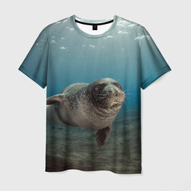 Мужская футболка 3D с принтом Тюлень под водой в Новосибирске, 100% полиэфир | прямой крой, круглый вырез горловины, длина до линии бедер | вода | дайвинг | жирный | косяк | красивые | милые | море | морская | морской котик | океан | плывет | подводный мир | прикольные | речная | рыба | рыбалка | стая | тюлень | усатый кот | фауна | чешуя