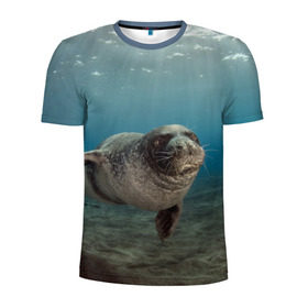Мужская футболка 3D спортивная с принтом Тюлень под водой в Новосибирске, 100% полиэстер с улучшенными характеристиками | приталенный силуэт, круглая горловина, широкие плечи, сужается к линии бедра | Тематика изображения на принте: вода | дайвинг | жирный | косяк | красивые | милые | море | морская | морской котик | океан | плывет | подводный мир | прикольные | речная | рыба | рыбалка | стая | тюлень | усатый кот | фауна | чешуя