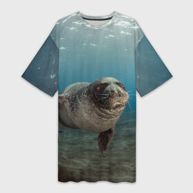 Платье-футболка 3D с принтом Тюлень под водой в Новосибирске,  |  | вода | дайвинг | жирный | косяк | красивые | милые | море | морская | морской котик | океан | плывет | подводный мир | прикольные | речная | рыба | рыбалка | стая | тюлень | усатый кот | фауна | чешуя