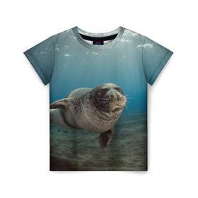 Детская футболка 3D с принтом Тюлень под водой в Новосибирске, 100% гипоаллергенный полиэфир | прямой крой, круглый вырез горловины, длина до линии бедер, чуть спущенное плечо, ткань немного тянется | вода | дайвинг | жирный | косяк | красивые | милые | море | морская | морской котик | океан | плывет | подводный мир | прикольные | речная | рыба | рыбалка | стая | тюлень | усатый кот | фауна | чешуя