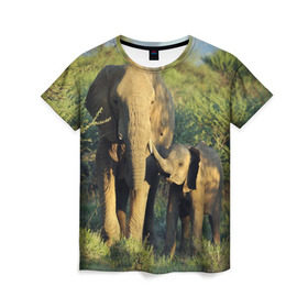 Женская футболка 3D с принтом Слониха и слоненок в природе в Новосибирске, 100% полиэфир ( синтетическое хлопкоподобное полотно) | прямой крой, круглый вырез горловины, длина до линии бедер | африка | африканский | бивни | большой | гигант джунгли | зоопарк | индийский | индия | лесной великан | мамонт | огромный | саванна | сафари | серый | слон | слоненок | слониха | стадо | уши | хобот