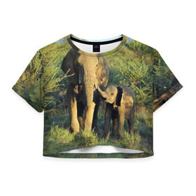 Женская футболка 3D укороченная с принтом Слониха и слоненок в природе в Новосибирске, 100% полиэстер | круглая горловина, длина футболки до линии талии, рукава с отворотами | африка | африканский | бивни | большой | гигант джунгли | зоопарк | индийский | индия | лесной великан | мамонт | огромный | саванна | сафари | серый | слон | слоненок | слониха | стадо | уши | хобот