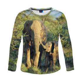 Женский лонгслив 3D с принтом Слониха и слоненок в природе в Новосибирске, 100% полиэстер | длинные рукава, круглый вырез горловины, полуприлегающий силуэт | африка | африканский | бивни | большой | гигант джунгли | зоопарк | индийский | индия | лесной великан | мамонт | огромный | саванна | сафари | серый | слон | слоненок | слониха | стадо | уши | хобот