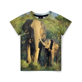 Детская футболка 3D с принтом Слониха и слоненок в природе в Новосибирске, 100% гипоаллергенный полиэфир | прямой крой, круглый вырез горловины, длина до линии бедер, чуть спущенное плечо, ткань немного тянется | африка | африканский | бивни | большой | гигант джунгли | зоопарк | индийский | индия | лесной великан | мамонт | огромный | саванна | сафари | серый | слон | слоненок | слониха | стадо | уши | хобот