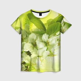 Женская футболка 3D с принтом Цветы яблони в Новосибирске, 100% полиэфир ( синтетическое хлопкоподобное полотно) | прямой крой, круглый вырез горловины, длина до линии бедер | белый | весна | дерево | зеленый | природа | растения | цветы | яблоня