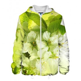 Мужская куртка 3D с принтом Цветы яблони в Новосибирске, ткань верха — 100% полиэстер, подклад — флис | прямой крой, подол и капюшон оформлены резинкой с фиксаторами, два кармана без застежек по бокам, один большой потайной карман на груди. Карман на груди застегивается на липучку | белый | весна | дерево | зеленый | природа | растения | цветы | яблоня