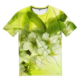 Мужская футболка 3D с принтом Цветы яблони в Новосибирске, 100% полиэфир | прямой крой, круглый вырез горловины, длина до линии бедер | белый | весна | дерево | зеленый | природа | растения | цветы | яблоня