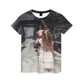 Женская футболка 3D с принтом Девочка с мишкой в Новосибирске, 100% полиэфир ( синтетическое хлопкоподобное полотно) | прямой крой, круглый вырез горловины, длина до линии бедер | 