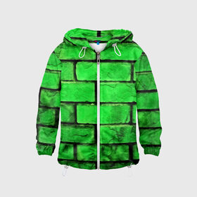 Детская ветровка 3D с принтом Зелёные кирпичики в Новосибирске, 100% полиэстер | подол и капюшон оформлены резинкой с фиксаторами, по бокам два кармана без застежек, один потайной карман на груди | 3d | зелёные кирпичики | камень | краска | текстуры