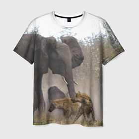 Мужская футболка 3D с принтом Гиены охотятся на слона в Новосибирске, 100% полиэфир | прямой крой, круглый вырез горловины, длина до линии бедер | африка | африканский | бивни | большой | гигант джунгли | гиены | индийский | индия | лесной великан | мамонт | огромный | охота | саванна | сафари | серый | слон | слониха | стадо | уши | хобот