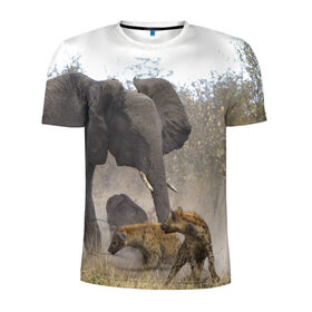 Мужская футболка 3D спортивная с принтом Гиены охотятся на слона в Новосибирске, 100% полиэстер с улучшенными характеристиками | приталенный силуэт, круглая горловина, широкие плечи, сужается к линии бедра | африка | африканский | бивни | большой | гигант джунгли | гиены | индийский | индия | лесной великан | мамонт | огромный | охота | саванна | сафари | серый | слон | слониха | стадо | уши | хобот