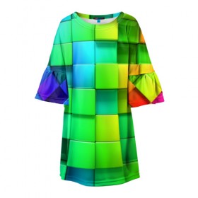 Детское платье 3D с принтом Пазлы в Новосибирске, 100% полиэстер | прямой силуэт, чуть расширенный к низу. Круглая горловина, на рукавах — воланы | абстракция | годнота | зеленый. кубы | пазлы | радуга | яркий