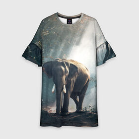 Детское платье 3D с принтом Слон в лесу в Новосибирске, 100% полиэстер | прямой силуэт, чуть расширенный к низу. Круглая горловина, на рукавах — воланы | африка | африканский | бивни | большой | гигант джунгли | зоопарк | индийский | индия | лесной великан | мамонт | огромный | саванна | сафари | серый | слон | слоненок | слониха | стадо | уши | хобот