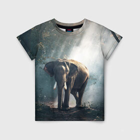 Детская футболка 3D с принтом Слон в лесу в Новосибирске, 100% гипоаллергенный полиэфир | прямой крой, круглый вырез горловины, длина до линии бедер, чуть спущенное плечо, ткань немного тянется | африка | африканский | бивни | большой | гигант джунгли | зоопарк | индийский | индия | лесной великан | мамонт | огромный | саванна | сафари | серый | слон | слоненок | слониха | стадо | уши | хобот