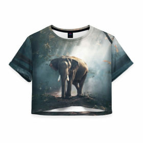 Женская футболка 3D укороченная с принтом Слон в лесу в Новосибирске, 100% полиэстер | круглая горловина, длина футболки до линии талии, рукава с отворотами | африка | африканский | бивни | большой | гигант джунгли | зоопарк | индийский | индия | лесной великан | мамонт | огромный | саванна | сафари | серый | слон | слоненок | слониха | стадо | уши | хобот
