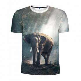 Мужская футболка 3D спортивная с принтом Слон в лесу в Новосибирске, 100% полиэстер с улучшенными характеристиками | приталенный силуэт, круглая горловина, широкие плечи, сужается к линии бедра | Тематика изображения на принте: африка | африканский | бивни | большой | гигант джунгли | зоопарк | индийский | индия | лесной великан | мамонт | огромный | саванна | сафари | серый | слон | слоненок | слониха | стадо | уши | хобот