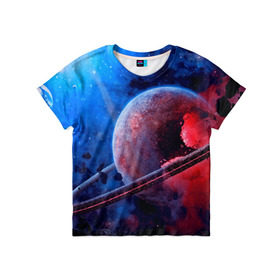Детская футболка 3D с принтом Сатурн в Новосибирске, 100% гипоаллергенный полиэфир | прямой крой, круглый вырез горловины, длина до линии бедер, чуть спущенное плечо, ткань немного тянется | Тематика изображения на принте: планеты | синий | яркий