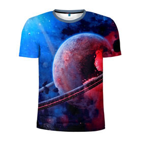 Мужская футболка 3D спортивная с принтом Сатурн в Новосибирске, 100% полиэстер с улучшенными характеристиками | приталенный силуэт, круглая горловина, широкие плечи, сужается к линии бедра | планеты | синий | яркий
