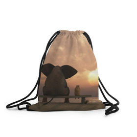 Рюкзак-мешок 3D с принтом Слон с собакой на лавке, закат в Новосибирске, 100% полиэстер | плотность ткани — 200 г/м2, размер — 35 х 45 см; лямки — толстые шнурки, застежка на шнуровке, без карманов и подкладки | 