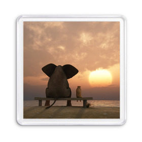 Магнит 55*55 с принтом Слон с собакой на лавке, закат в Новосибирске, Пластик | Размер: 65*65 мм; Размер печати: 55*55 мм | 