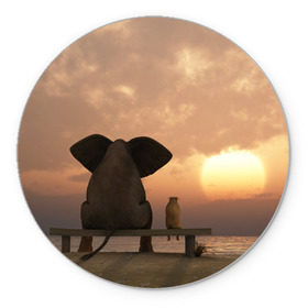 Коврик круглый с принтом Слон с собакой на лавке, закат в Новосибирске, резина и полиэстер | круглая форма, изображение наносится на всю лицевую часть | Тематика изображения на принте: 