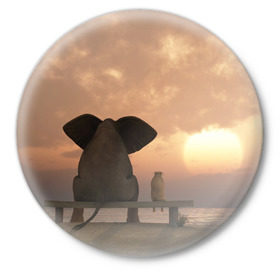 Значок с принтом Слон с собакой на лавке, закат в Новосибирске,  металл | круглая форма, металлическая застежка в виде булавки | 