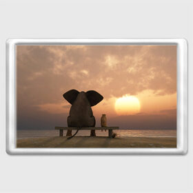 Магнит 45*70 с принтом Слон с собакой на лавке, закат в Новосибирске, Пластик | Размер: 78*52 мм; Размер печати: 70*45 | 