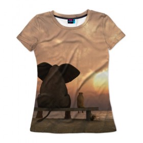 Женская футболка 3D с принтом Слон с собакой на лавке, закат в Новосибирске, 100% полиэфир ( синтетическое хлопкоподобное полотно) | прямой крой, круглый вырез горловины, длина до линии бедер | 