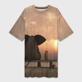 Платье-футболка 3D с принтом Слон с собакой на лавке, закат в Новосибирске,  |  | 