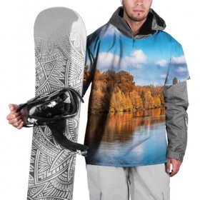 Накидка на куртку 3D с принтом Река в Новосибирске, 100% полиэстер |  | берег | вода | деревья | лес | небо | осень | природа | река