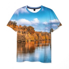 Мужская футболка 3D с принтом Река в Новосибирске, 100% полиэфир | прямой крой, круглый вырез горловины, длина до линии бедер | Тематика изображения на принте: берег | вода | деревья | лес | небо | осень | природа | река
