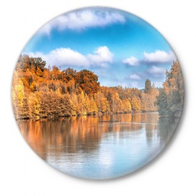 Значок с принтом Река в Новосибирске,  металл | круглая форма, металлическая застежка в виде булавки | Тематика изображения на принте: берег | вода | деревья | лес | небо | осень | природа | река