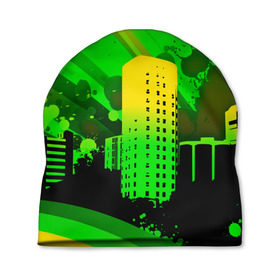Шапка 3D с принтом Город в красках в Новосибирске, 100% полиэстер | универсальный размер, печать по всей поверхности изделия | 3d | город | другие | зеленый | картинка | красивые | краски | прикольные | пятна | радуга | свет | цветные | яркие