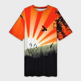 Платье-футболка 3D с принтом Закат в Новосибирске,  |  | 3d | деревья | другие | закат | картинка | лето | линии | полосы | прикольные | природа | птицы | растение | солнце | цветные | япония | яркие