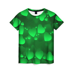 Женская футболка 3D с принтом Зеленые сердечки в Новосибирске, 100% полиэфир ( синтетическое хлопкоподобное полотно) | прямой крой, круглый вырез горловины, длина до линии бедер | 14 февраля | 3d | день святого валентина | другие | зеленые | картинки | красивые | любовь | праздник | прикольные | сердечки | текстуры | яркие