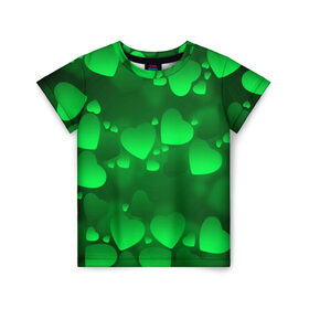 Детская футболка 3D с принтом Зеленые сердечки в Новосибирске, 100% гипоаллергенный полиэфир | прямой крой, круглый вырез горловины, длина до линии бедер, чуть спущенное плечо, ткань немного тянется | 14 февраля | 3d | день святого валентина | другие | зеленые | картинки | красивые | любовь | праздник | прикольные | сердечки | текстуры | яркие