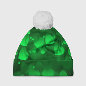 Шапка 3D c помпоном с принтом Зеленые сердечки в Новосибирске, 100% полиэстер | универсальный размер, печать по всей поверхности изделия | 14 февраля | 3d | день святого валентина | другие | зеленые | картинки | красивые | любовь | праздник | прикольные | сердечки | текстуры | яркие