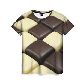 Женская футболка 3D с принтом Шоколадные конфеты в Новосибирске, 100% полиэфир ( синтетическое хлопкоподобное полотно) | прямой крой, круглый вырез горловины, длина до линии бедер | десерт | еда | конфеты | сладкое | структуры | шахматы | шоколад