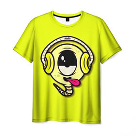 Мужская футболка 3D с принтом Музыкальный червячок в Новосибирске, 100% полиэфир | прямой крой, круглый вырез горловины, длина до линии бедер | 3d | другие | желтый | картинка | минимализм | музыка | наушники | прикол | прикольные | смешно | смешные | цветные | червяк | язык | яркие