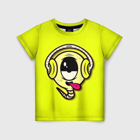 Детская футболка 3D с принтом Музыкальный червячок в Новосибирске, 100% гипоаллергенный полиэфир | прямой крой, круглый вырез горловины, длина до линии бедер, чуть спущенное плечо, ткань немного тянется | 3d | другие | желтый | картинка | минимализм | музыка | наушники | прикол | прикольные | смешно | смешные | цветные | червяк | язык | яркие