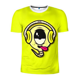 Мужская футболка 3D спортивная с принтом Музыкальный червячок в Новосибирске, 100% полиэстер с улучшенными характеристиками | приталенный силуэт, круглая горловина, широкие плечи, сужается к линии бедра | 3d | другие | желтый | картинка | минимализм | музыка | наушники | прикол | прикольные | смешно | смешные | цветные | червяк | язык | яркие