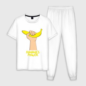 Мужская пижама хлопок с принтом Сила бананов в Новосибирске, 100% хлопок | брюки и футболка прямого кроя, без карманов, на брюках мягкая резинка на поясе и по низу штанин
 | Тематика изображения на принте: banana | power | банан | банана | еда | пальма | сила